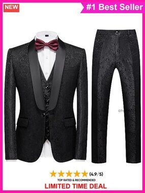 Men's Slim Fit 3 Piece Paisley Tuxedo Suit Set Prom Wedding Party